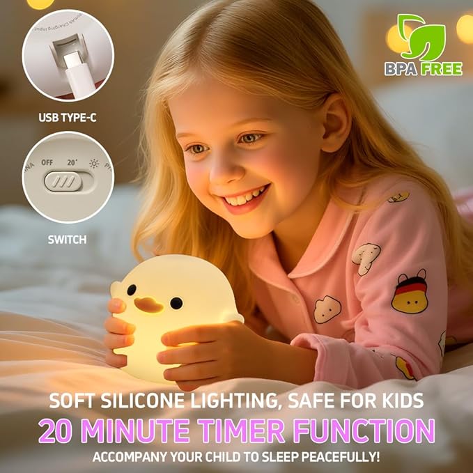 Cute Duck Night Light, Squishy Silicone Duck Night Lamp, LED Soft Nursery Nightlight for Kids, Rechargeable Animal Lamp Bedside Light, 2 Levels Dimmable Room Decor, Funny Lamp Gift for Girls Boys Baby