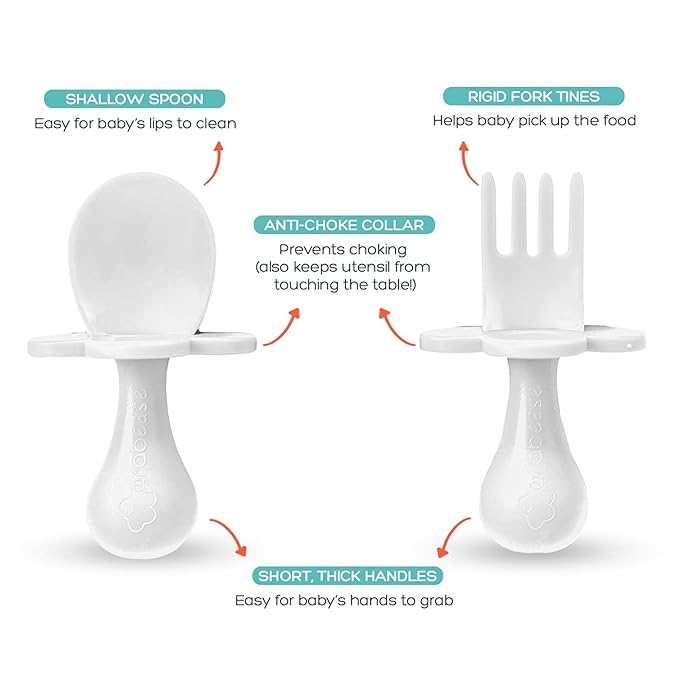 Grabease Baby Feeding Utensils Set - Infant and Baby Fork and Spoon for Ages 1-11 Months, BPAs and Phthalate-Free Cutlery, Plastic, 1 Set, White