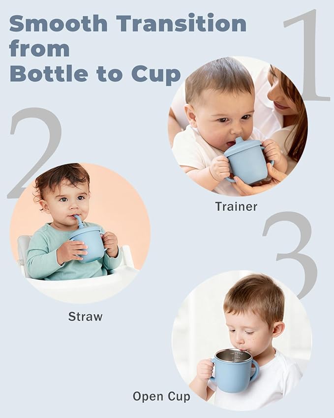 Bakpoco 4-in-1 Stainless Steel Silicone Sippy Cup, 8.5oz Toddler Open Cup with Straw, Sippy & Snack Lids, For Baby Led Weaning, Toddlers 1-3 Years Trainning Kids Drinking, Dishwasher Safe, Sage