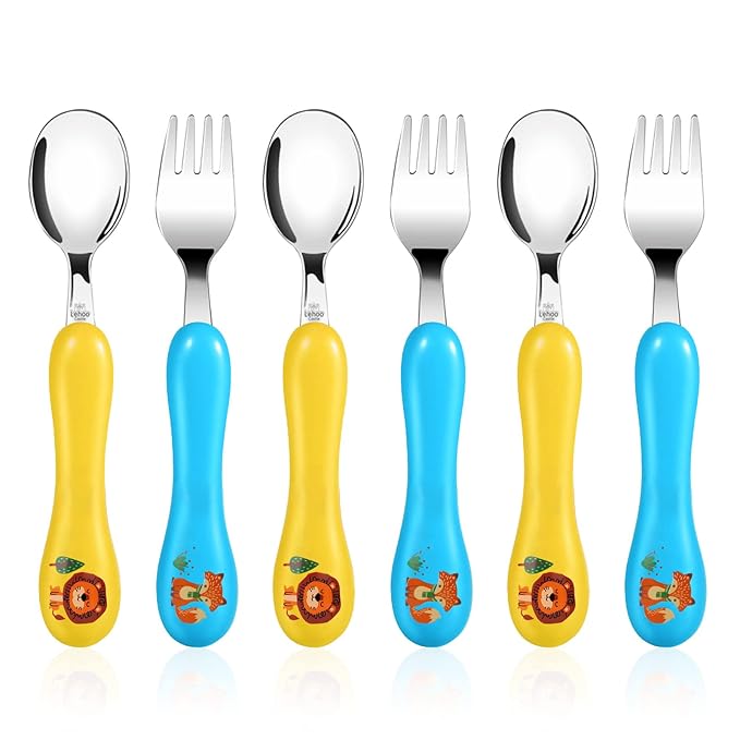 Lehoo Castle 6 Pieces Toddler Utensils, Kids Silverware for 2 3 4 Years Old, Stainless Steel Fork and Spoon Set with Plastic Handle, Safe Toddler Cutlery (Blue Yellow)