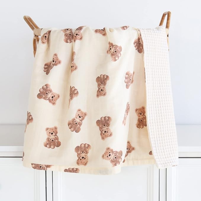 LifeTree Muslin Swaddle Blankets Neutral, Baby Waffle Swaddling Wrap Nursery Blanket for Boys Girls Newborn, 70% Viscose from Bamboo and 30% Cotton