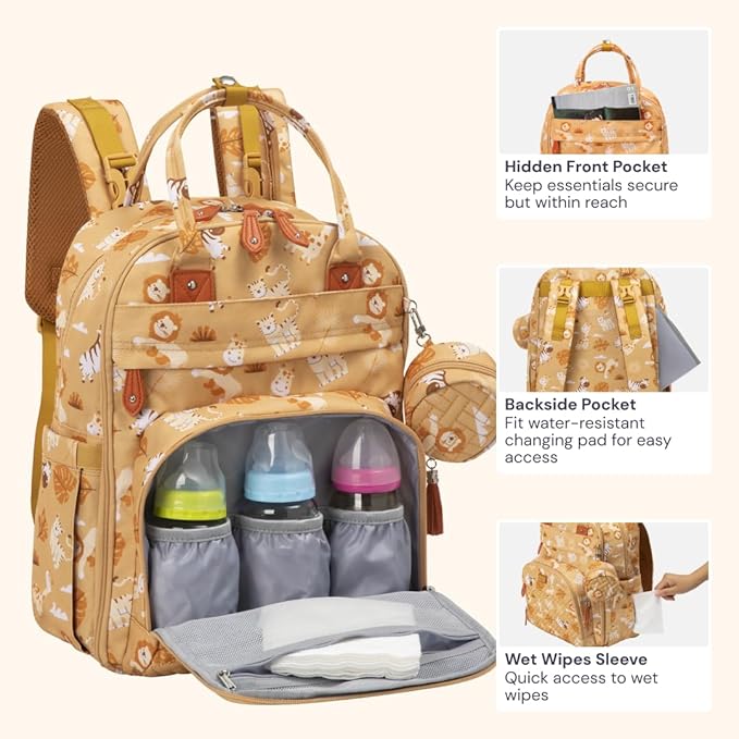 BabbleRoo Diaper Bag Backpack - Baby Essentials Travel Tote - Multi Function Water Resistant Diaper Bag, Travel Essentials Baby Bag with Changing Pad, Stroller Straps & Pacifier Case - Unisex, Safari
