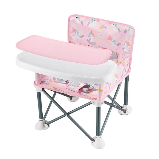 PandaEar Portable Baby Booster Seat | Compact Fold with Safety Straps & Feeding Tray for Indoor/Outdoor Use | Great for Travel, Camping, Beach, Lawn | Toddlers, Kids, Boys, Girls (Pink Unicorn)