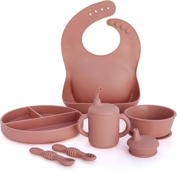 Little Loon Baby Led Weaning Starter Set ??Complete Silicone Feeding Kit for 6+ Months - Baby Plates, Bibs, Spoons & Sippy Cup - Baby Shower Gifts - Rose