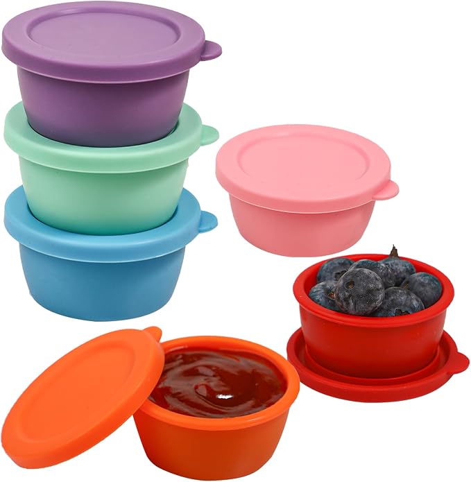KOLUTI 6 Pack Salad Dressing Container To Go, Nonstick Silicone 1.6oz Sauce Cup for Lunch Bento, Small Condiment Storage Box with Lid, Leak-proof, BPA Free, Dishwasher & Microwave & Oven Safe