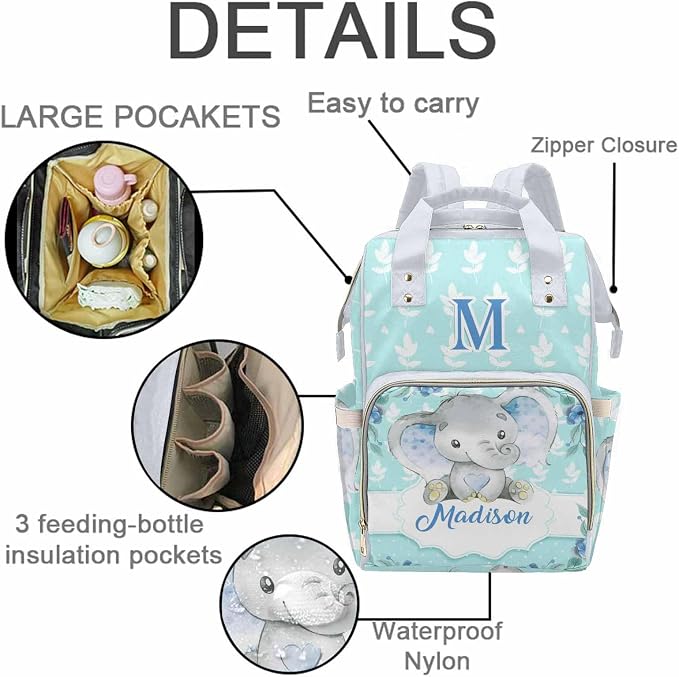 M YESCUSTOM Personalized Baby Diaper Bag Large Capacity Mommy Bags, Animals Baby Backpack Custom Name Backpack Blue Casual Daypack Nappy Bag Gifts for Women Daughter