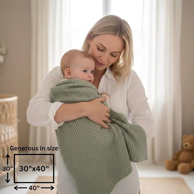 100% Organic Cotton Knit Receiving Baby Girl Blanket for Newborns - Soft, Breathable Swaddle Blanket for Crib & Stroller - Nursery Gift 2-Pack (Ribbed Fog/Roman Green)
