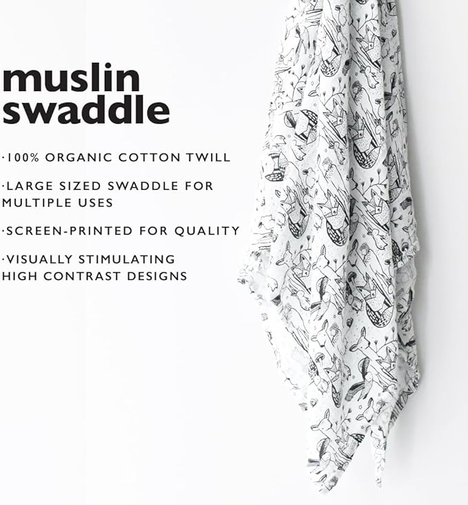 Wee Gallery, Organic Muslin Swaddle - Forest - Woodland Animals Design, Black and White for Baby Visual Development, Quality Cotton Swaddling or Receiving Blanket