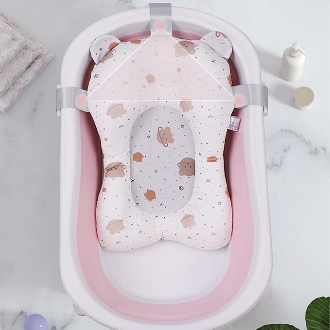 Soft Baby Bath Mat for Newborn, Quick-Dry Bath Cushion with Support Pillow for Safe Comfortable Bath Time, White