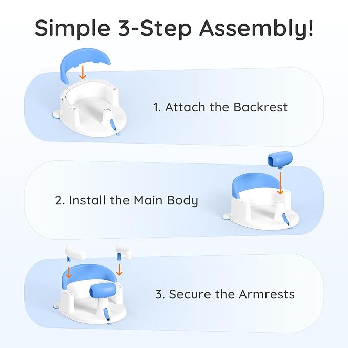 Baby Bath Seat Baby Bathtub - with Strong Suction Cups and 360° Surround Support ??Easy Release, Non-Slip Cushion, Lockable Armrests ??Infant Bath Chair for Babies 6-24 Months, Blue