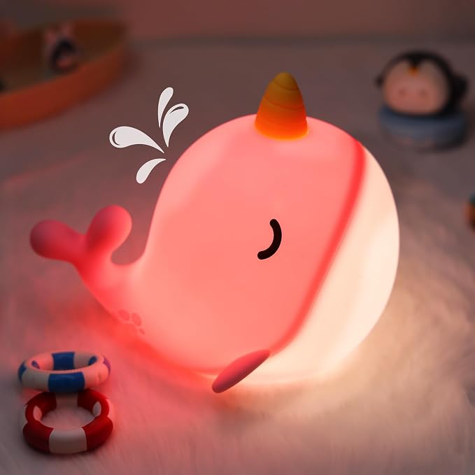 Whale Lamp, Narwhal Nursery Nightlight for Kids, Soft Silicone Animal Night Light with 3 Levels of Brightness & 30 Mins Timer, Whale Gifts for Girl Birthday Holiday Decoration