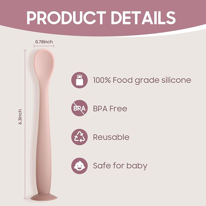 Baby Spoons, BEMEI Silicone Baby Spoons Self Feeding 6+ Months, Soft & Gentle Textured Baby Feeding Spoon with Fixed Suction Cup, Dishwasher Safe 【grey+kahaki+brown】