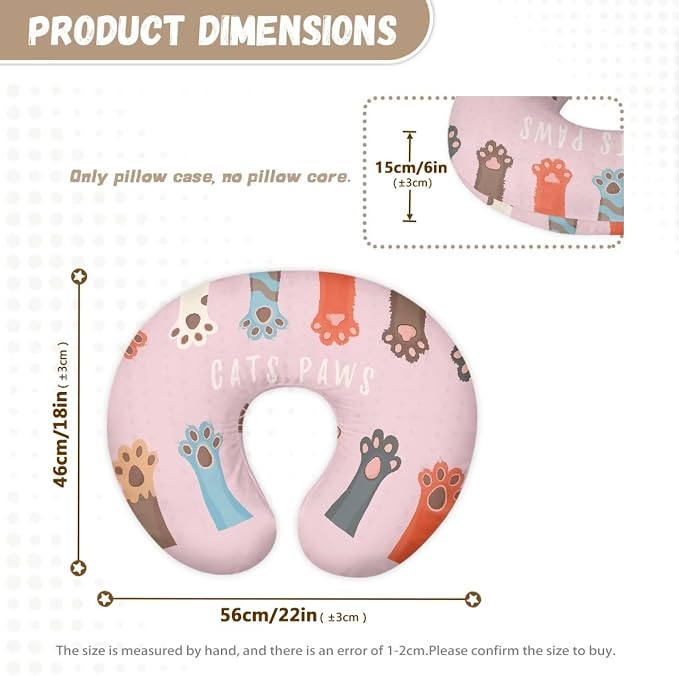 Cute Cats Paws Newborn Nursing Pillow Covers, Soft and Comfortable Nursing Cover for Breastfeeding Pillows,Novelty Pink Pillow Slipcover for Baby Girls Boys (Cover Only)