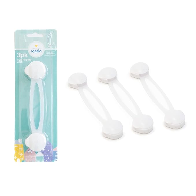 Regalo 3 Pack Child Safety Cabinet Locks, No Drill Adhesive Baby Proofing Latches for Drawers, Fridge and Cabinets, Multi-Purpose 3M Straps, White