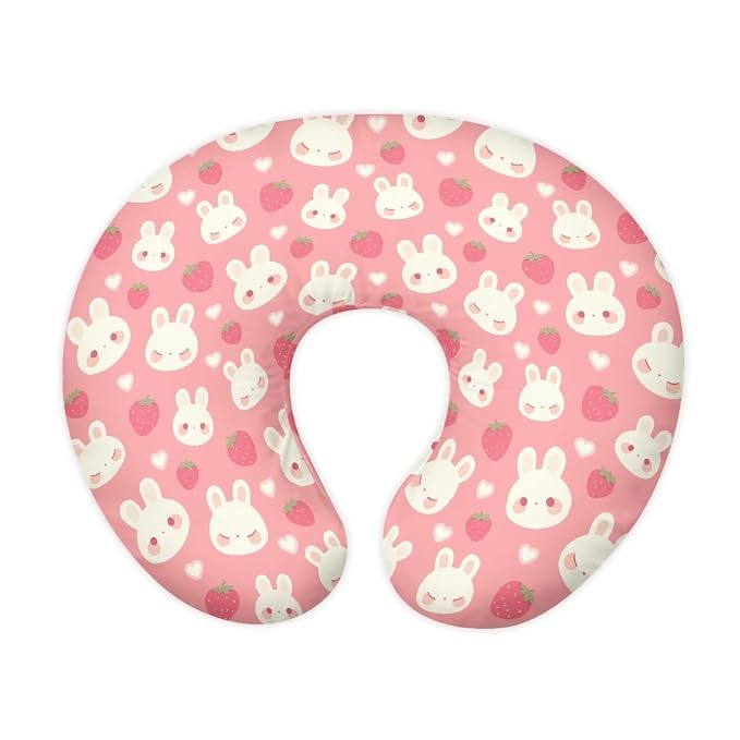Cartoon Rabbit and Pink Strawberry Nursing Pillow Cover for Baby Boy Girl Breastfeeding Nursing Pillow Slipcovers Super Soft Breathable and Washable
