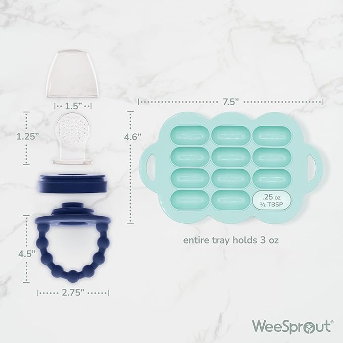 WeeSprout Silicone Baby Food Feeders + Freezer Tray for Batch Prep, Set of 2, Introduce New Foods Safely, Double as Teething Toys, Includes 2 Extra Pouches & Travel Lids, Dishwasher Safe