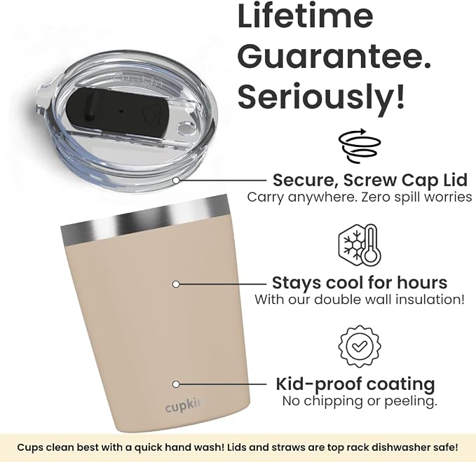 CUPKIN Toddler Straw Cup, The Original 8 oz Stackable Stainless Steel Toddler Cups, Set of 2 Powder Coated Insulated Kids Straw Cups + BPA Free Lids + Reusable Silicone Straws (Brown + Peach)