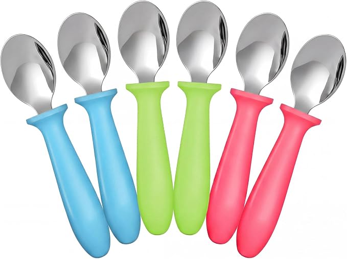 Pimoys 6-Pack Baby Spoons Toddler Utensils, 18/8 Stainless Steel Self-Feeding Spoons for Kids, Dishwasher Safe Flatware Set for Holiday Birthday Gifts