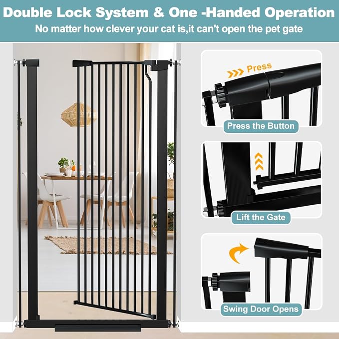 51.18" Extra Tall Pet Gate for Cats Dogs-29.6"-48.4" Extra Wide Baby Cat Gate for Stairs and Doorways-1.37" Ultra Narrow Spacing Dog Gate Dog Door with One-Handed Operation(29.6"-48.4")