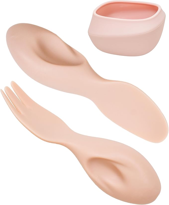 Toddler Utensils Set Ergonomic Fork and Spoon and Bowl Set Non-Slip Design for baby 1-4 Year Olds Self-Feeding BPA Free Silicone Microwave and Dishwasher Safe Fine Motor Skills (Pink)