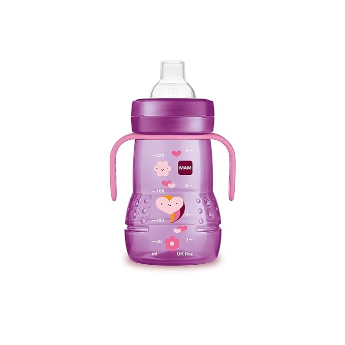 MAM Easy Start Matte Anti-Colic Baby Bottles, 9 oz (2 Count) & Plastic Trainer Cup (1 Count), 8 oz. Trainer Drinking Cup with Extra-Soft Spout