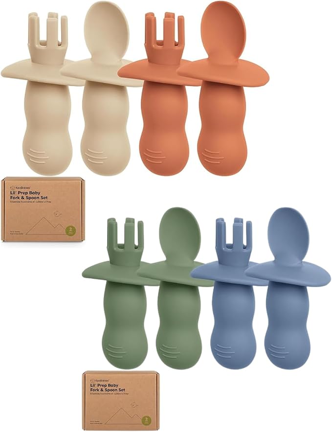 Keababies 4-Pack Silicone Baby Spoons and Forks Set - Baby Spoon Self Feeding, BLW Baby Utensils 6-12 Months, Baby Led Weaning Feeding Spoon,Teething Infant Baby First Food Training Pre Spoon