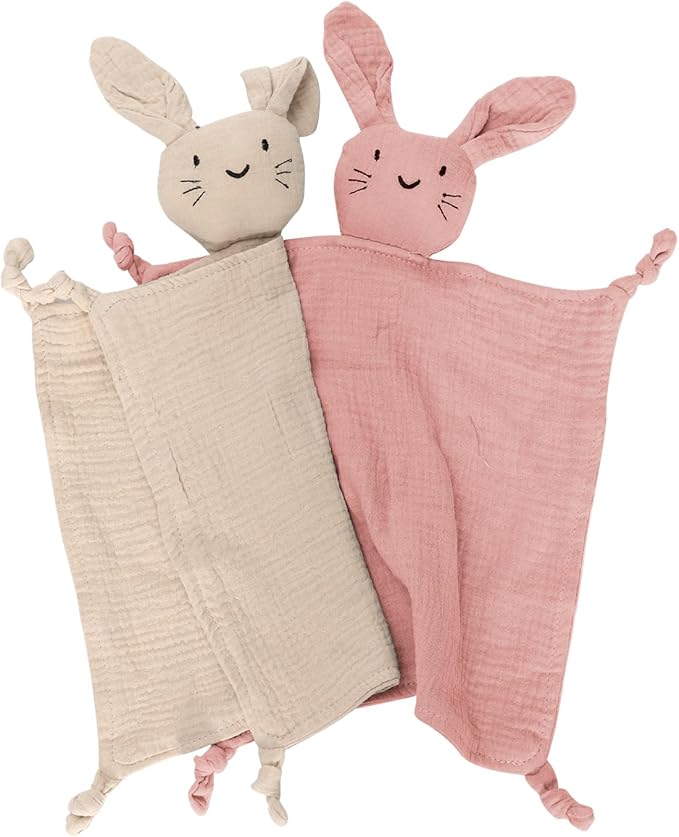Organic Cotton Muslin Bunny Lovey Blanket, Soft & Breathable Security Blanket for Newborns, Unique Baby Gifts for Boys and Girls, 2 Pcs Set (Pink&Khaki)