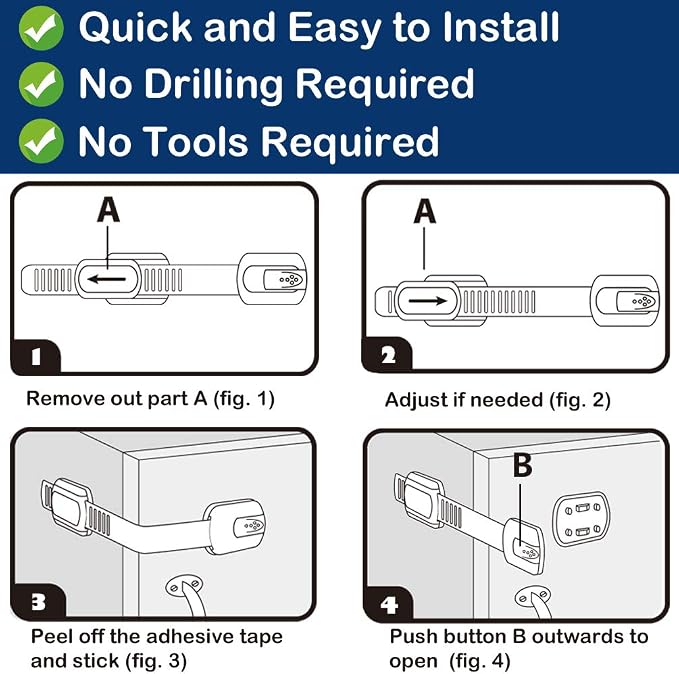 Socub 4 pack Child Safety Cabinets Strap Locks, Multi Use Latch with Strong Adhesive Pads, for Cabinets, Drawers, Oven, Toilet Seat, Fridge