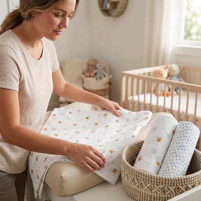 Lulujo Baby Swaddle Blankets | Unisex Softest Breathable Cotton Muslin Swaddle Blanket Set | Neutral Receiving Blanket for Girls & Boys | 40in x 40in | Bees & Dots | 2-Count