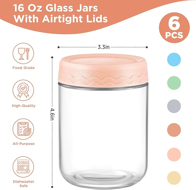 DRKIO 16 Oz Overnight Oats Containers with Lids - 6 Pack Glass Storage Jars with Airtight Lids Wide Mouth Mason Food Jars Great for Meal Prep Salad Chia Pudding Snacks Yogurt Sugar Spice Cereal