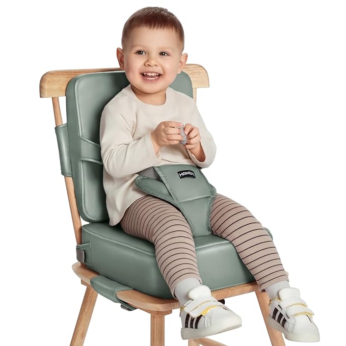 HOMEAL Booster Seat for Dining Table for Toddler Kid Baby, Adjustable Kids Breathable Booster Seat for Kitchen with Backrest and Adjustable Straps, Sage