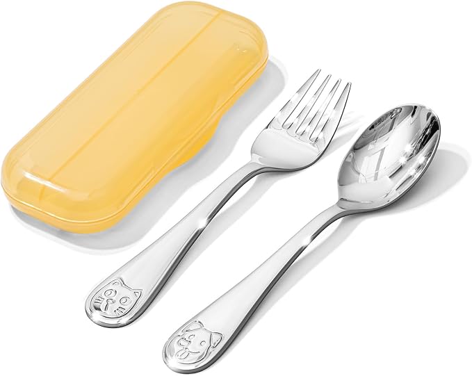 KINGSTONE 2-Piece Kids Silverware Set, Large Fork & Spoon with Storage Case, 18/10 Stainless Steel, Cat & Dog Print, Ergonomic, Lightweight, Self-Feeding Baby Flatware for Travel & Home