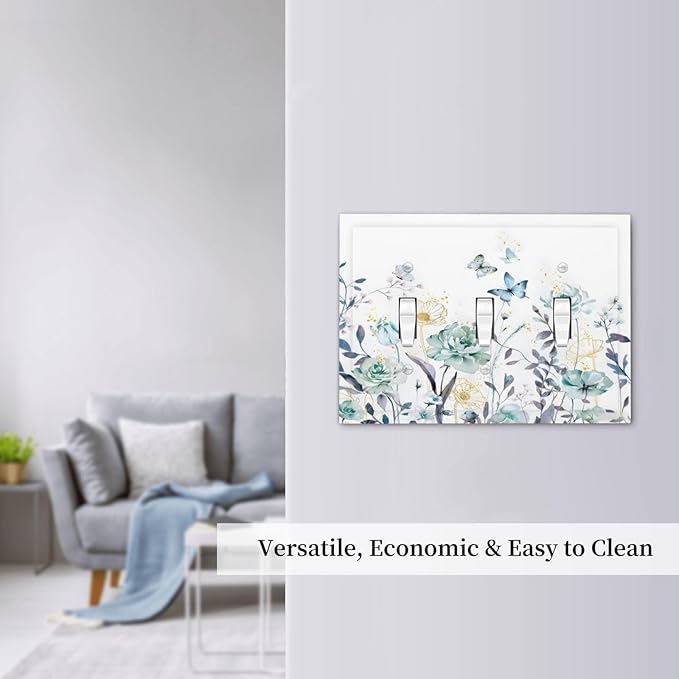 Romantic Floral Butterfly Leaf Flower Golden Pollen Decorative Switch Plates 3 Gang Wall Plate Triple Toggle Light Switch Cover Faceplate Electrical Wall Panels for Bedroom Living Room Decor