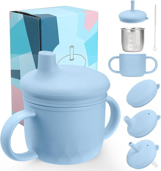 Mity rain 3-In-1 Stainless Steel Sippy Cup for 6+ Month Old, Baby Straw Cups for Toddlers 1-3 with Travel Lid, Silicone Straw, Replacement Straw & Cleaning Brush - 8oz Toddler Cups Spill Proof Set