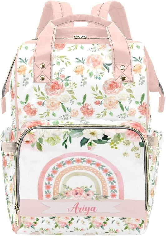 Custom Diaper Bag with Name Personalized Floral Rainbow Nylon Travel Backpack for Holiday Travel Customized Nappy Changing Bag with Pockets for New Mom