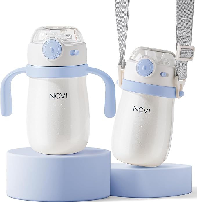 NCVI Kids Stainless Steel Straw Cup for Toddler 1-3 Years Old, Training Tumbler with Straw Spill Proof with Handle, Insulated Bottle to Keep Cold Warm for Water/Milk/Drink, Blue 10floz,Christmas Gift