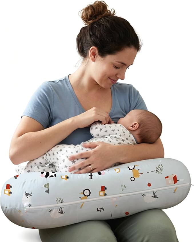 Little Grape Land U-Shaped Nursing Pillow with Washable Cover, Blue Ranch | Ergonomic U-shaped breastfeeding support pillow for mom and baby, featuring a soft, breathable and washable cover.