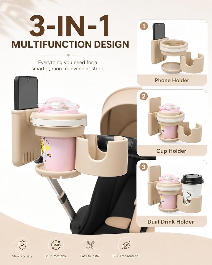 3-in-1 Stroller Cup Holder with Phone Holder, Dual Cup Holder with Upgraded Double Clamp, Universal Cup Holder for Stroller, Walker, Wheelchair & Bike, Anti-Spill Stable Drink Organizer (Khaki)