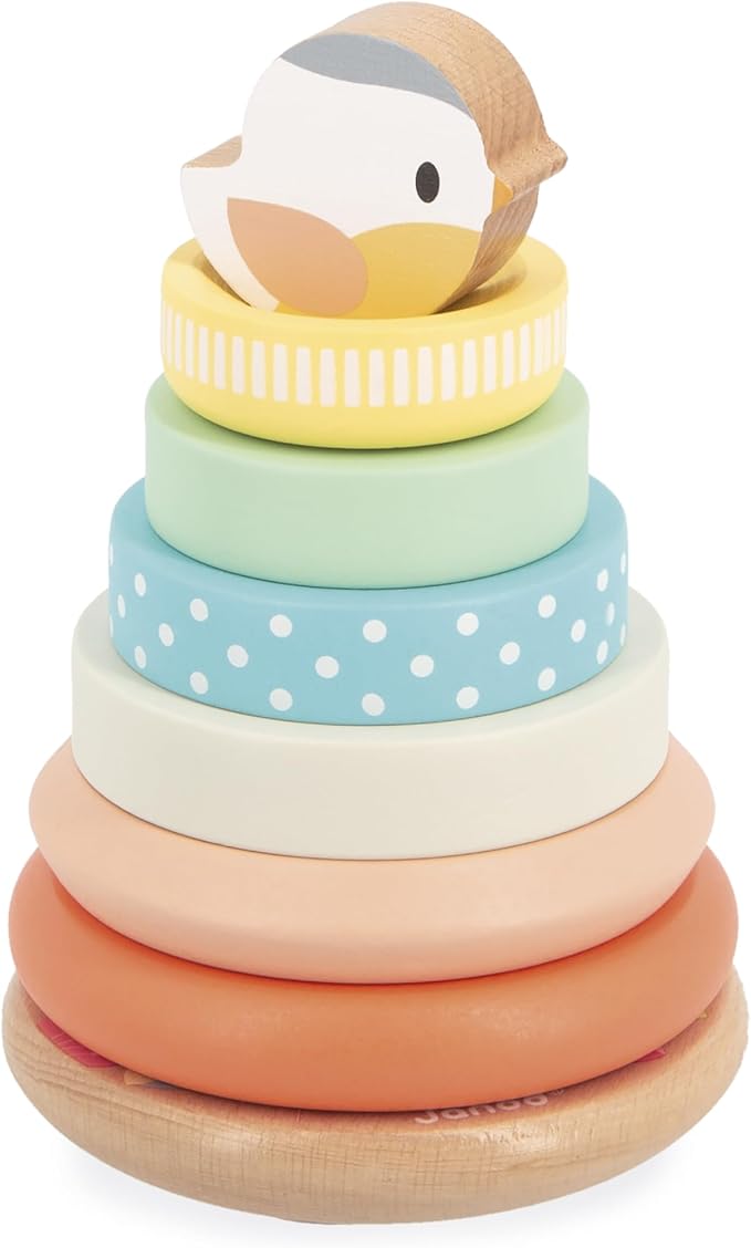 Janod - Stackable Culbuto Wooden Bird Toy - 7 Pieces to Stack - Stacking Tower - Moving Base - Baby Toy from 1 Year - J05145