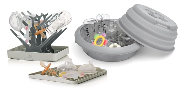haakaa Portable Baby Bottle Drying Rack & Multipurpose Silicone Microwave Bottle Sterilizer (Grey)