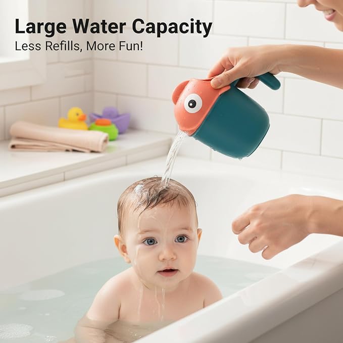 Baby Bath Rinser Cup, Large Capacity Bath Jug for Rinsing Hair with 7-Hole Gentle Shower, Easy-Grip Cartoon Fish Design for Kids Time, Green