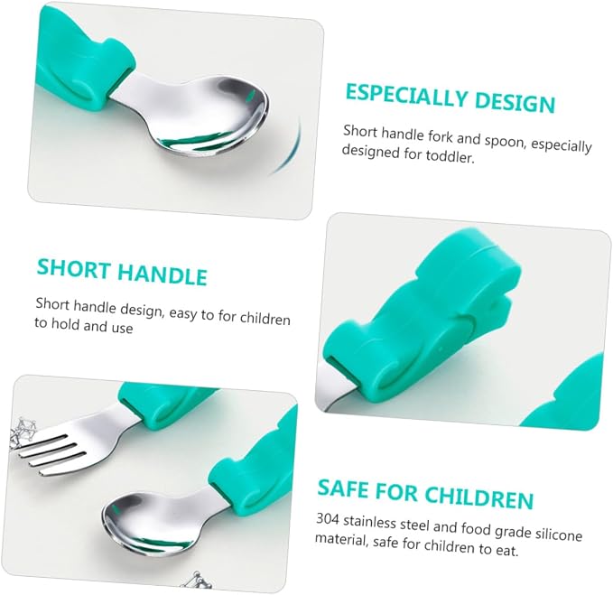 BESPORTBLE Stainless Steel Fork and Spoon with Food Grade Silicone Handles Training Utensils with Storage Case Drop-resistant Tableware for Boys and Safe for Preschoolers and Juniors