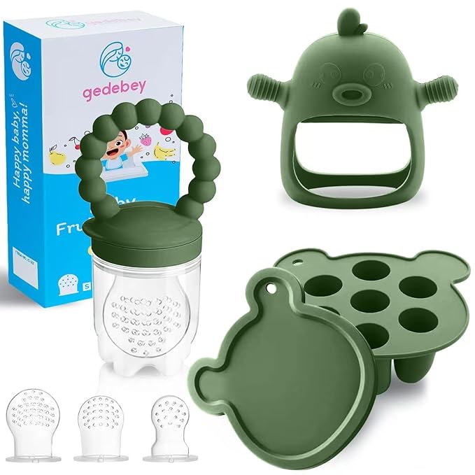 3-in-1 Baby Food & Fruit Feeder Set ??Breastmilk Popsicle Mold with Freezer Tray, Teething Relief Toy, BPA Free Infant Silicone Feeding Combo, 3 Bonus Sizes (S/M/L) Sacs (Olive Green)