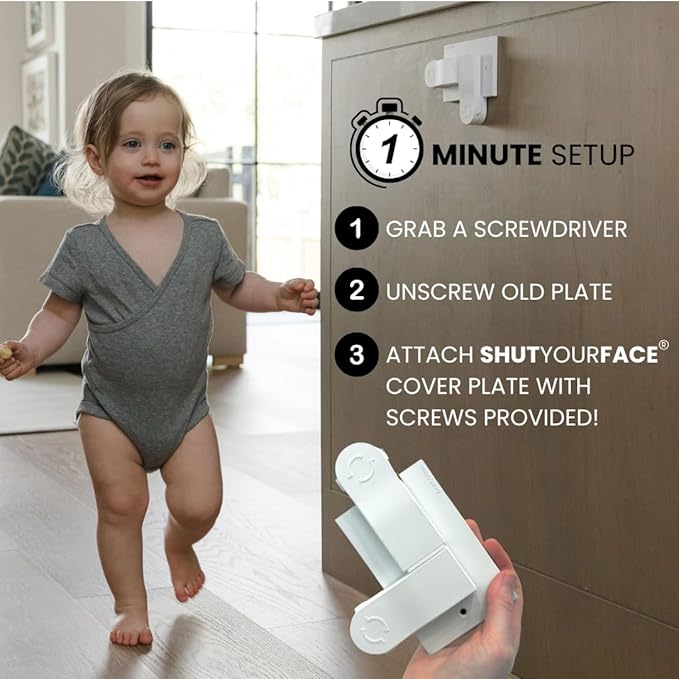 Self-Closing Outlet Cover Plate System by Geddy?™s Mom ??Automatic Child Safety that Covers Outlets When Unplugged, Shut Your Face, Easy Install, Award-Winning Baby Proofing for 2-Screw Decora Outlets