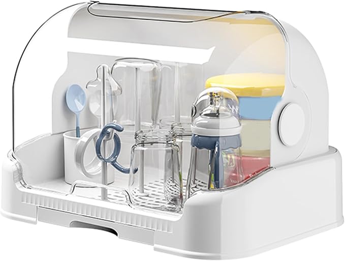 Baby Bottle Drying Rack with, Space Saving Storage Box with Lid and Removable Drain Tray, Large Baby Bottle Storage, Bottle Rack Dryer Reusable Bottle Holder for Baby, White