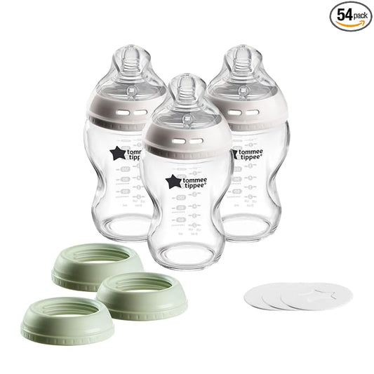 Tommee Tippee Natural Start 9oz Glass Baby Bottles, Self Sterilizing, BPA & Phthalates Free, 0+ Months, Slow Flow Breast-Like Nipple for a Natural Latch, Travel Jar, Cup Rings, (Pack of 54)