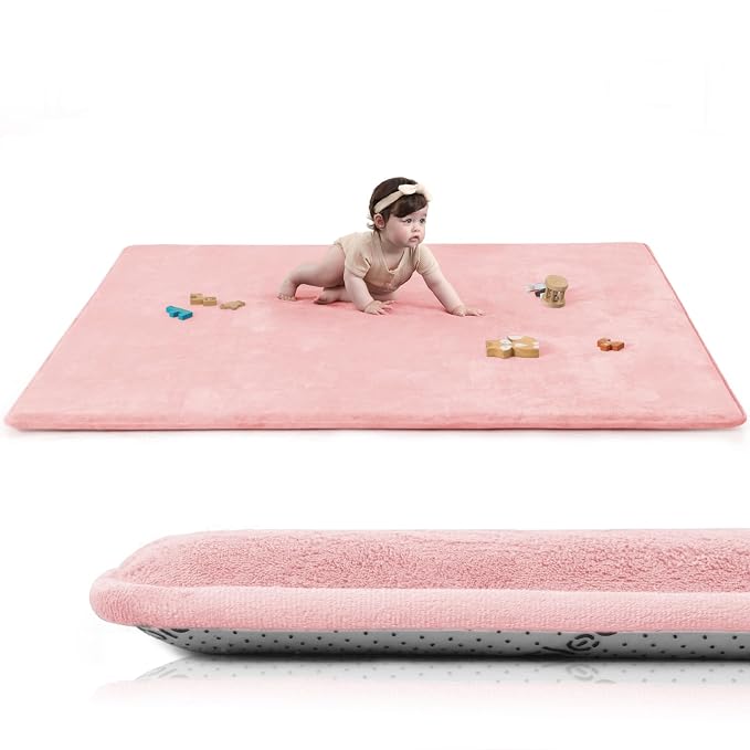 Baby Play Mat for Floor,Extra Large 59"×71" Playpen Mat for Tummy Time,Thicker Padded Elasti Foam Activity Mats,Water Repellent Ultra Soft Velvet,Non-Slip Backing Safe（Pink）
