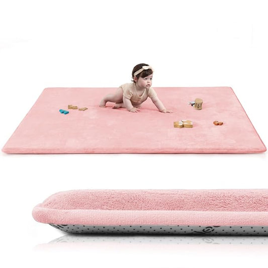 Baby Play Mat for Floor,Extra Large 59"×71" Playpen Mat for Tummy Time,Thicker Padded Elasti Foam Activity Mats,Water Repellent Ultra Soft Velvet,Non-Slip Backing Safe（Pink）