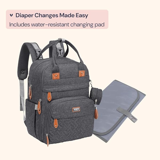 BabbleRoo Diaper Bag Backpack - Baby Essentials Travel Tote - Multi Function Water Resistant Diaper Bag, Travel Essentials Baby Bag with Changing Pad, Stroller Straps & Pacifier Case - Dark Gray