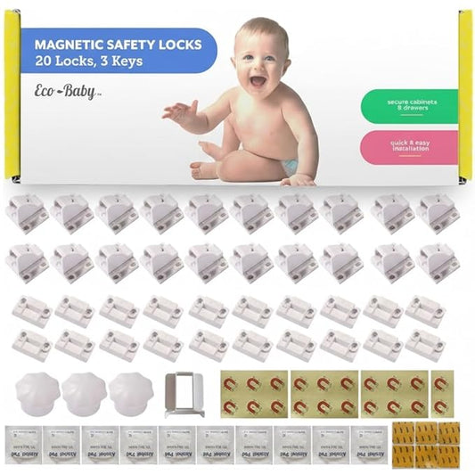 Magnetic Cabinet Locks for Babies (20 Pack Locks with 3 Keys), Eco Baby Baby Proofing Cabinet Locks, Child Locks for Cabinets Drawers Doors, Easy Installation No Tools Required